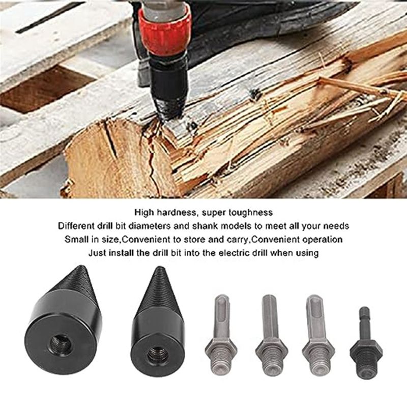 Log Splitter Electric - A77K 6個入り薪割りビットセット、32mm 42mm取り外し可能な分割コーン薪割りビット、4つのハンドル付き