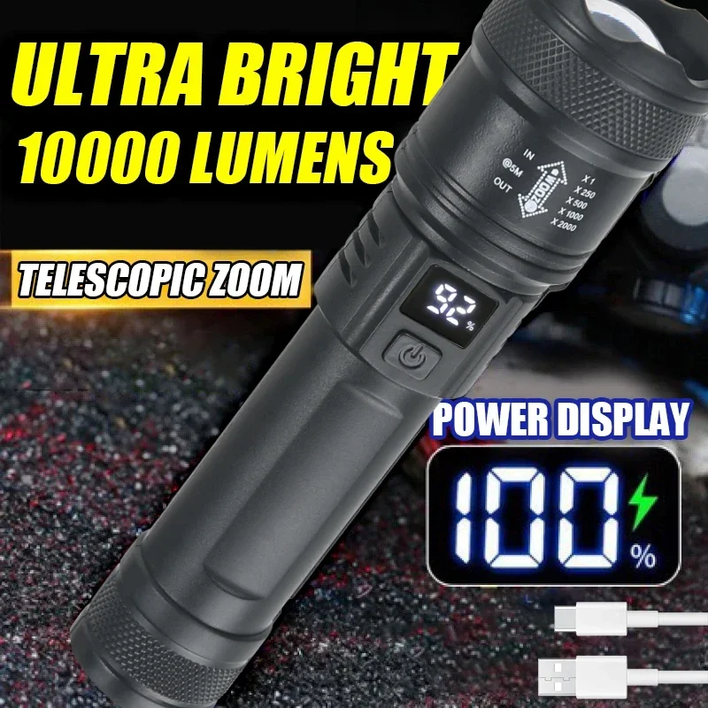 Outdoor Usb Power Bank - バッテリーディスプレイ付きの強力なLED懐中電灯,USB充電式ライト,伸縮ズームトーチ,屋外キャンプ用ランプ,釣り用ランタン,9900lm