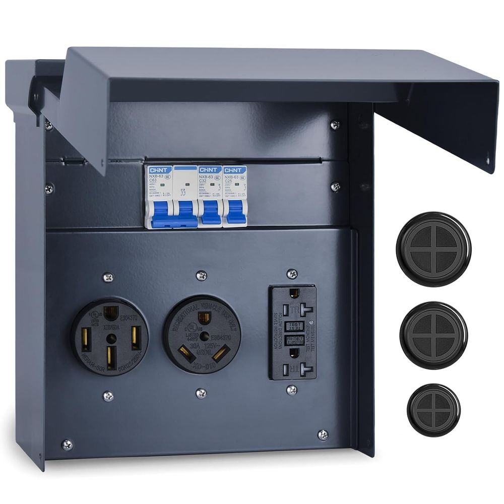 Outdoor Power Receptacle - RV用電気パネル（ブレーカー付き）、仮設電源RVコンセントボックス、UL 50 30 20アンペアコンセント、屋外耐候性金属筐体