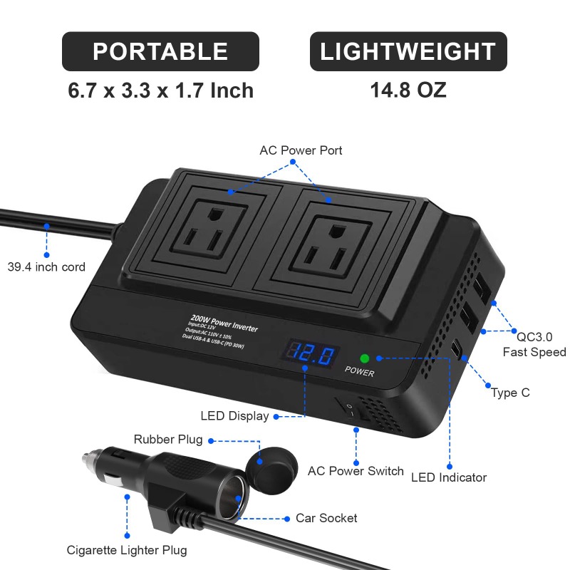 Outdoor Power Adapter Usb - 200Wカーパワーコンバーター、2つのUSBポートとType-C PD 20W急速充電ポートを備えたカーソケットアダプター、アウトドアキャンプ用