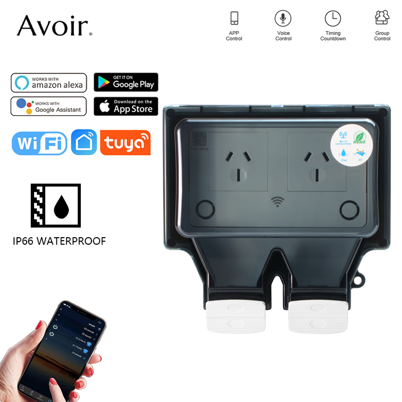 Outdoor Power Outlet With Remote Control - Avoir-Wi-Fi防水電源コンセント,タイマー付き,スマート屋外壁コンセント,オーストラリア,ダブルUSBアダプター,Tuya, IP66