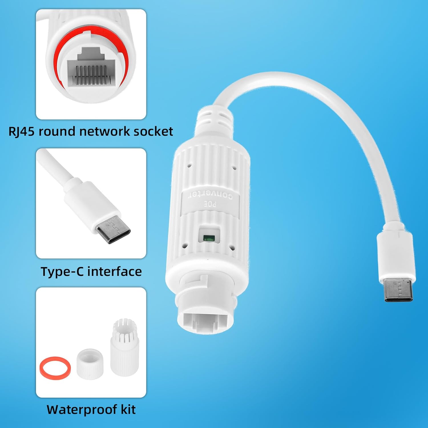 Outdoor Power Monitor - POEからUSB-Cへの電源コンバーター、屋外防水RJ45メス-タイプCオス充電アダプター（防犯カメラ監視用）