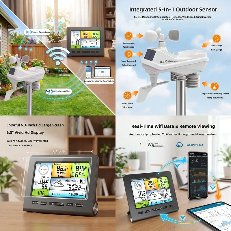 Outdoor Power Monitor - 5 in 1 WiFi気象ステーション（外部センサー付き、ソーラー電源、屋外温度・湿度・風速モニター、デジタル表示）