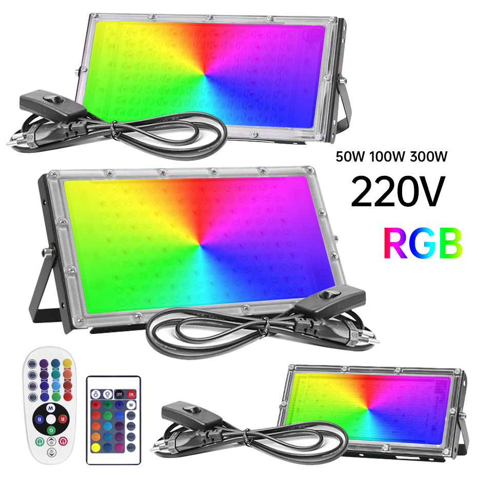 Outdoor Power Outlet With Remote Control - IP65防水RGB LED投光器 50W/100W/300W AC220V 屋外プロジェクターLEDスポットライト リモコン＆EUスイッチプラグ付き