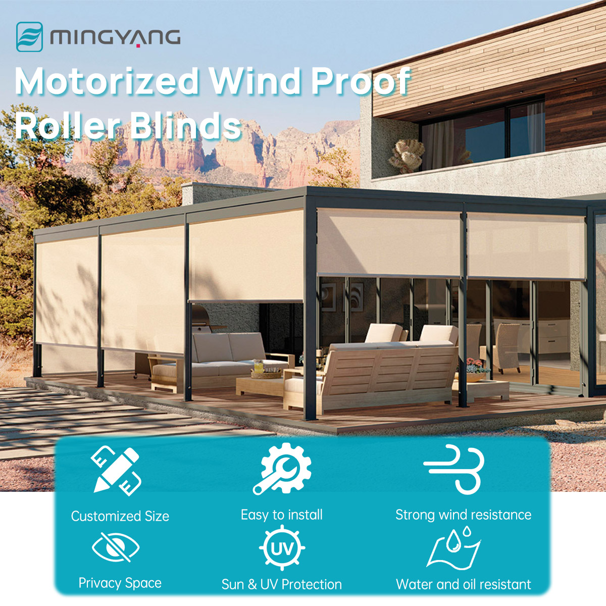 防水・防風・屋外電動ローラーブラインド、PVC生地、ジップト - Outdoor Power Roller Shades のレビューと価格